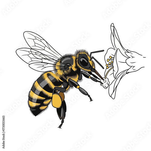 Illustration of a bee with yellow and black stripes near a flower.
