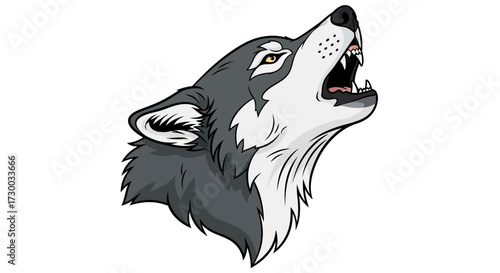 Illustration of a gray wolf head howling on a white background.