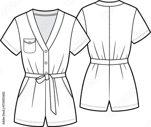 Flat vector CAD drawing of casual belted playsuit with V-neck, short sleeves, front buttons, pocket detail, fashion sketch illustration