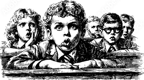 Kids in a classroom with focused expressions. Vintage black and white vector illustration of students sitting at wooden benches, emphasizing learning and attention.