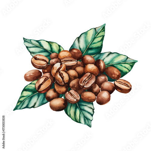 Roasted coffee beans with green leaves fresh coffee plant harvest ingredient natural beverage caffeine drink aroma