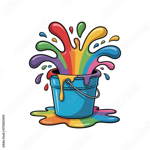 Paint bucket splashing colorful vibrant paint, rainbow colors spilling out, creative art concept, artistic splash design