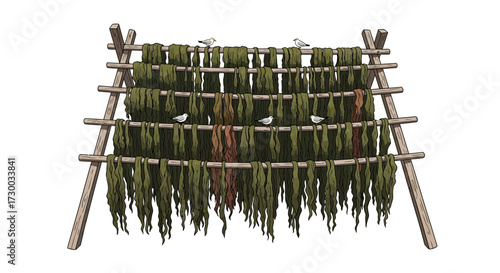 Illustration of seaweed drying on a wooden rack against a white background.