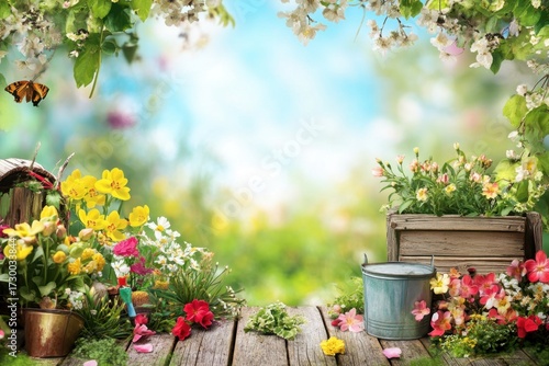 Blossoming garden with vibrant flowers and natural scenery in springtime