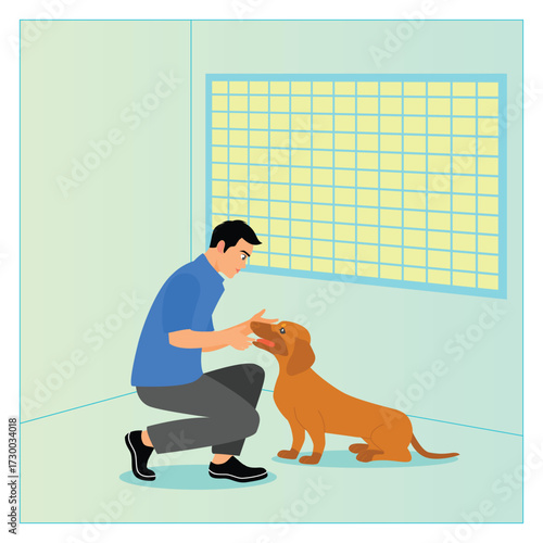 Choosing a pet concept. A man goes to an animal shelter to choose a dog to adopt.