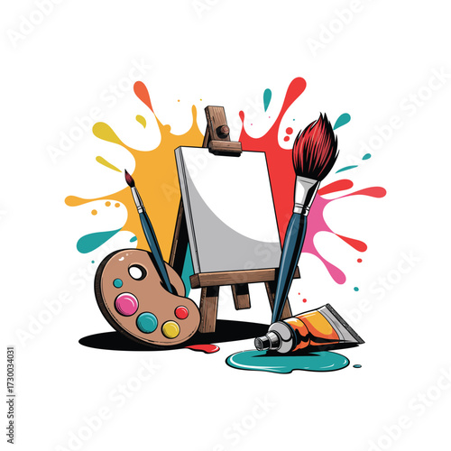 Painting tools art supplies creative hobby concept color palette brushes easel paint splatters vector illustration design