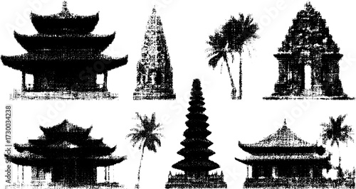 Silhouettes of temples and pavilions in black and white. Cultural architecture vector illustration set featuring palm trees.