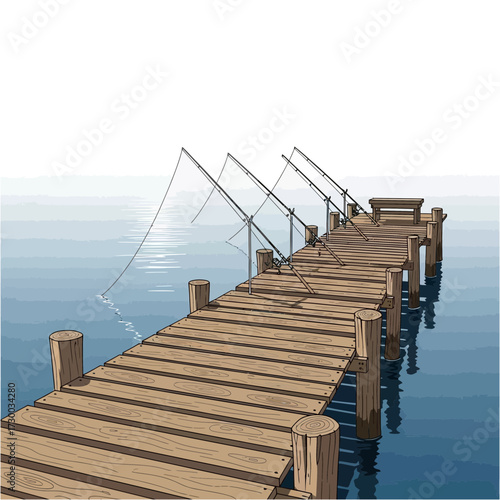 Wooden pier extending into water with fishing rods against a white sky.