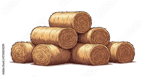 Stack of hay bales isolated on white background.