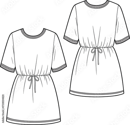 Flat vector CAD drawing of casual short sleeve mini dress with contrast trim, drawstring waist, and round neckline technical illustration