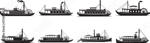 A set of Traditional wooden gondola boat black and white silhouette vector illustration