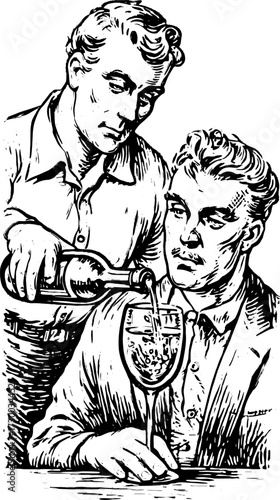 Two men at dinner, one pouring a drink into a glass. Vintage vector illustration reflecting sophistication and style.