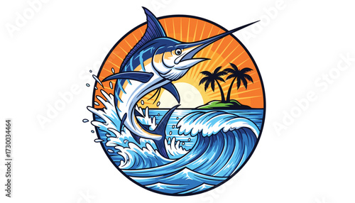 Vector art of a majestic blue marlin leaps from a crashing ocean wave with palm trees on a tropical island in the background under a vibrant sunset 
