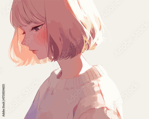 A young woman stands quietly, her short blonde hair softly illuminated. She wears a cozy sweater and appears lost in thought, surrounded by gentle pastel colors.
