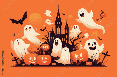 A vibrant Halloween landscape shows cheerful ghosts and carved pumpkins gathered around a dark castle. Bats fly in the background, creating a festive mood.