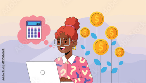 Vector art of a woman with red hair and glasses uses a laptop, thinking about a calculator and money growth, representing financial planning and investment 