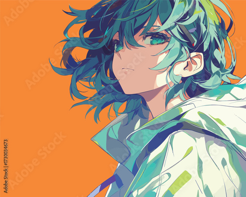 A striking portrait features a character with teal hair gazing upwards. The bright orange background enhances the vivid colors, creating a pop art effect.