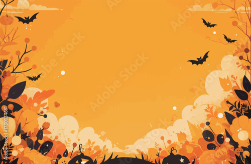 A vibrant autumn backdrop filled with orange foliage, playful bats, and carved pumpkins captures the spirit of Halloween festivities. The cheerful atmosphere is inviting.