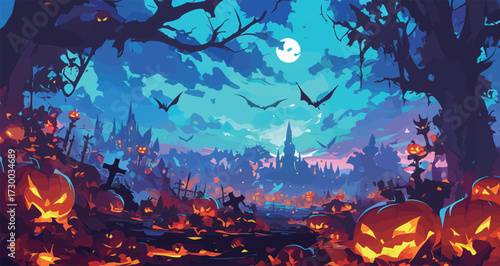 A vibrant Halloween scene features glowing pumpkins scattered across a dark landscape. Eerie trees loom overhead while bats fly through a night sky filled with a bright moon.