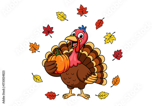 Happy Thanksgiving cute cartoon turkey holding a pumpkin, a joyful holiday set for kids