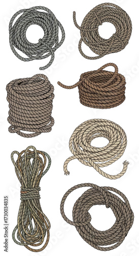 Several coils of rope in varying colors textures and arrangements are displayed.