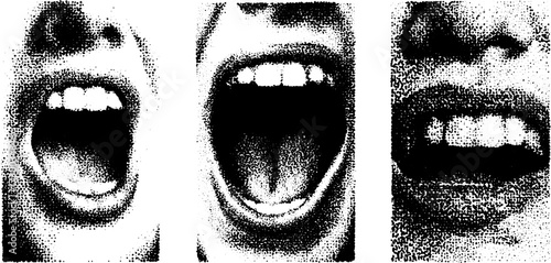 Mouth expressions showing open, yelling, and smiling faces. Black and white vector illustration with bold contrast and artistic texture.