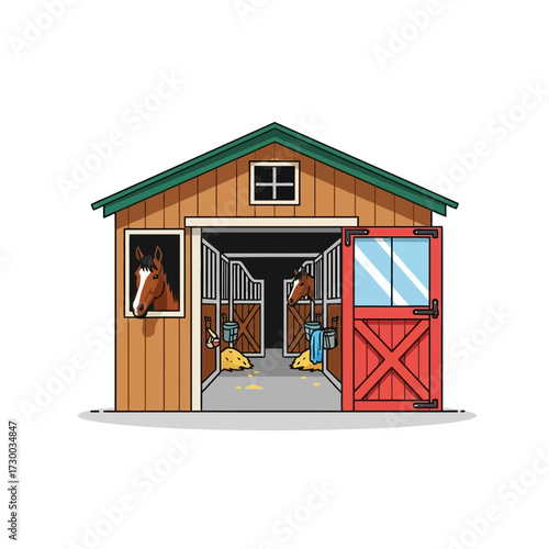 Cartoon horse stable with horses inside and a red door on the side.