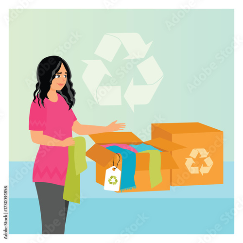 Zero waste concept. A woman packs used clothes in boxes and cards with the circular economy logo.