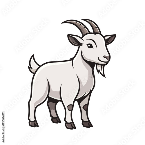 Cartoon goat stands isolated on white background with horns and beard.