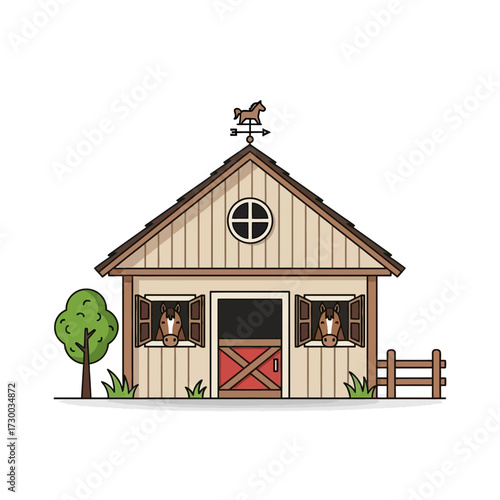 Cartoon barn with horses in stalls tree and fence on white background.