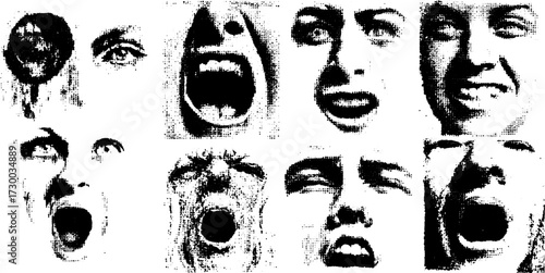Faces showcasing various emotions with expressions like scream and surprise. A set of black and white vector illustrations encapsulating distortion.