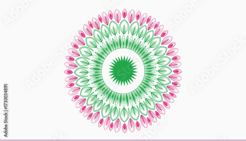 Vector art of colorful mandala pattern with pink and green petals 