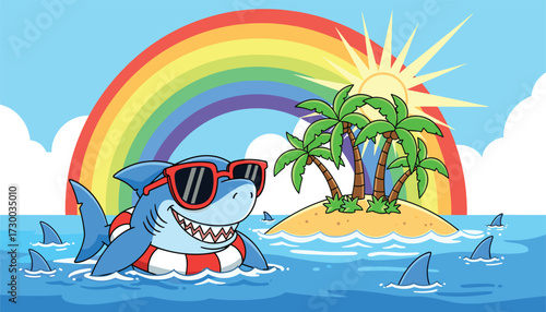 Vector art of a cartoon shark wearing sunglasses and a life preserver floats in the ocean near a tropical island with palm trees under a rainbow and sun 