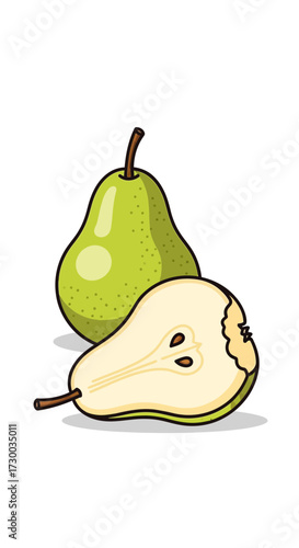 Illustration of two pears one whole and one cut in half.