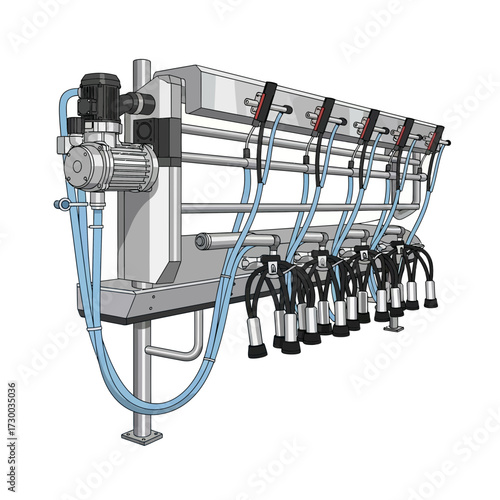 Milking machine equipment with tubes and metal structure against a white background.