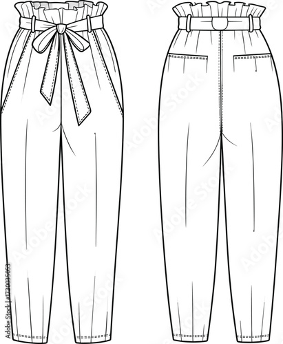 Flat vector CAD drawing of high waist paper bag trousers with belt tie, tapered leg, front and back view, technical sketch