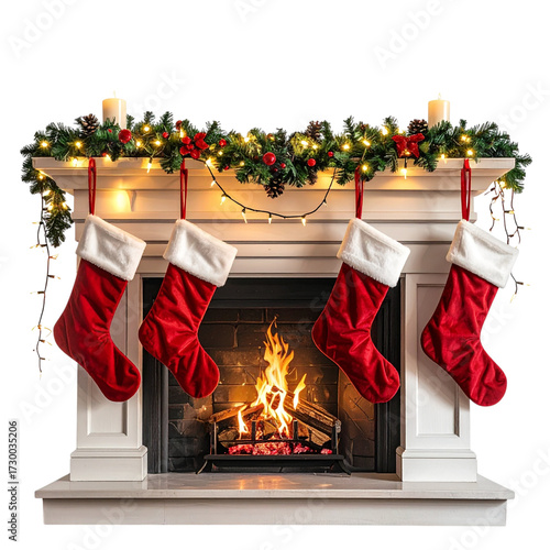 Christmas Stockings Hanging Over Fireplace on Transparent Background