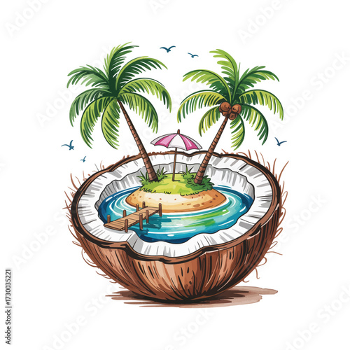 Tropical island with palm trees and a small dock inside a cracked coconut, concept of vacation and summer travel