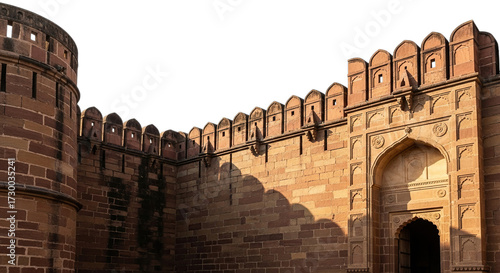 Exterior view of the agra fort showing the intricate details of the architecture isolated on transparent background
