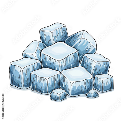 Pile of ice cubes with blue shading on white background.