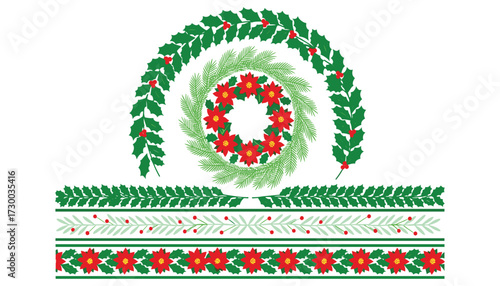 Vector art of christmas floral ornament and border design with holly berries and poinsettia flowers 