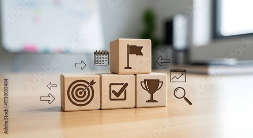 Action plan and goal achievement concept. Wooden blocks displaying icons of targets, check marks and goal completion. Progress tracking, strategic planning and achievement of objectives in