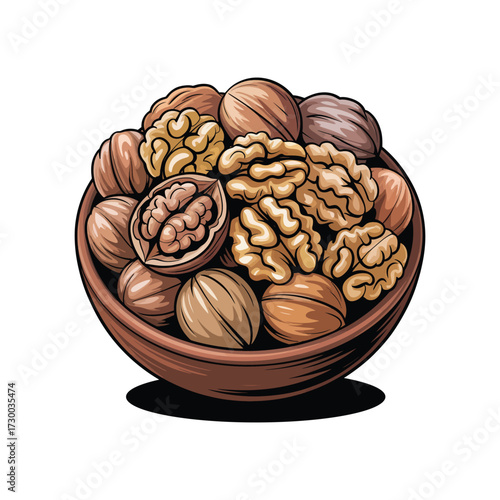Walnuts Illustration Full Bowl of Whole and Cracked Walnuts with Kernels Natural Healthy Snack
