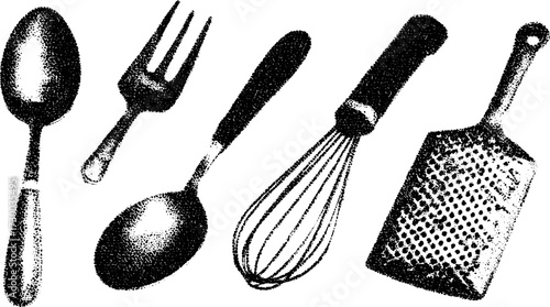Set of kitchen utensils including spoon, fork, whisk, and grater. Black and white vector illustration for culinary graphics.