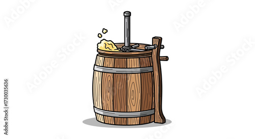 Wooden butter churn with butter and bubbles isolated on white background.