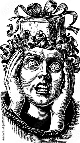 Man with shocked expression holding his head, featuring a gift box. Vintage vector illustration that emphasizes emotion and detail.
