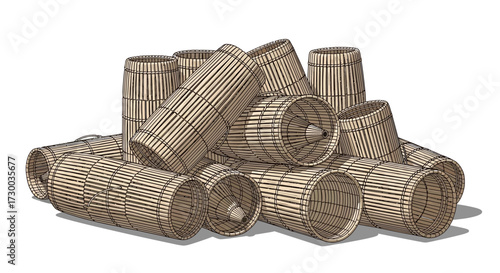 Pile of wooden barrels or casks illustration brown tan beige light shadow.