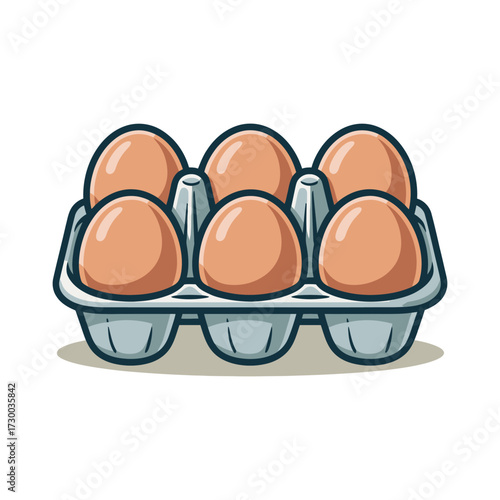 Six brown chicken eggs in gray carton, fresh farm product, breakfast ingredient, protein source