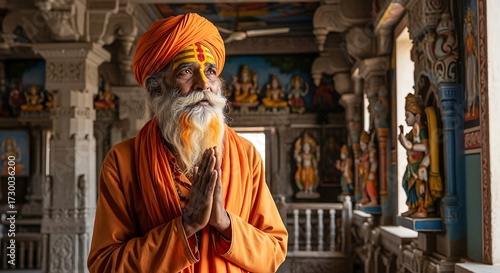 Indian Monk in Prayerful Pose in Temple.
