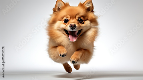 Joyful full body Pomeranian running with excitement, its fluffy fur and playful demeanor. This energetic dog embodies happiness and liveliness